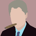 icomania:Man with grey hair in suit, smoking a cigar.