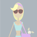 icomania:Girl with blonde hair, pink sunglasses, and purple purse with dog inside.