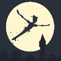 icomania:Boy flying over the moon and city landscape.