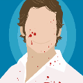 icomania:A man wearing a white shirt and they have blood on their face and shirt