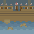 icomania:People dressed as Indians throwing wooden boxes off of a wooden ship.