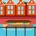 icomania:A bunch of red houses stacked together with a boat on the water, and a railing in front of everything