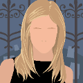 icomania:A woman with blonde hair , wearing a black dress and a fence behind her with a cemtery