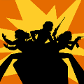 icomania:An orange and yellow background with three women popping out from all directions holding guns and doing karate moves