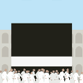 icomania:A bunch of people in white robes walking past a black box with a white stripe on the bottom