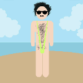 icomania:A hairy man with a mustache and black sunglasses, wearing a green bathingsuit that is very exposing