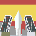 icomania:A red and yellow stripped flag in the background with two black and white building on the side, and a tall pointy white building in the middle