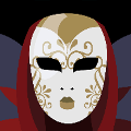 icomania:A person wearing a white mask with gold lines on it, and a red robe and black hat