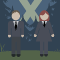 icomania:A man and a woman wearing suits, in the woods with trees and two spotlights crossing in the sky