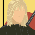 icomania:A woman with blonde hair, wearing an all black suit, with a sword behind her back