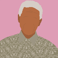 icomania:A pink background and a dark skinned man with grey hair and a shirt with designs going across