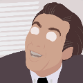 icomania:A man with slicked back hair, wearing a suit and his eyes are cut out and hes looking up at the sky