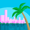 icomania:A blue background with pink buildings and a palm tree hanging over