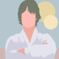 icomania:A man in a white robe with his arms crossed and two yellow suns behind him