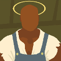 icomania:A dark man wearing a white t-shirt and blue overalls, and he has a gold halo above his head