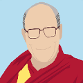 icomania:A man wearing a red robe and yellow shirt with wired rim glasses