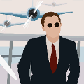 icomania:A man in a suit and tie in front of two airplanes