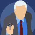 icomania:A man with white hair wearing a suit and pointing a gun