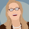 icomania:A blonde woman laughing with glasses, hoop earrings and pearls.