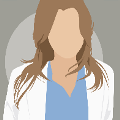 icomania:A brunette woman wearing a white lab coat and blue shirt.