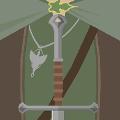 icomania:A sword, a dove hanging from a necklace, a green and brown vest.