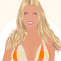 icomania:A girl with long blonde hair , brown eyes, wearing a yellow and orange striped top.