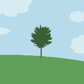 icomania:A tree standing on a green hill under the blue sky.